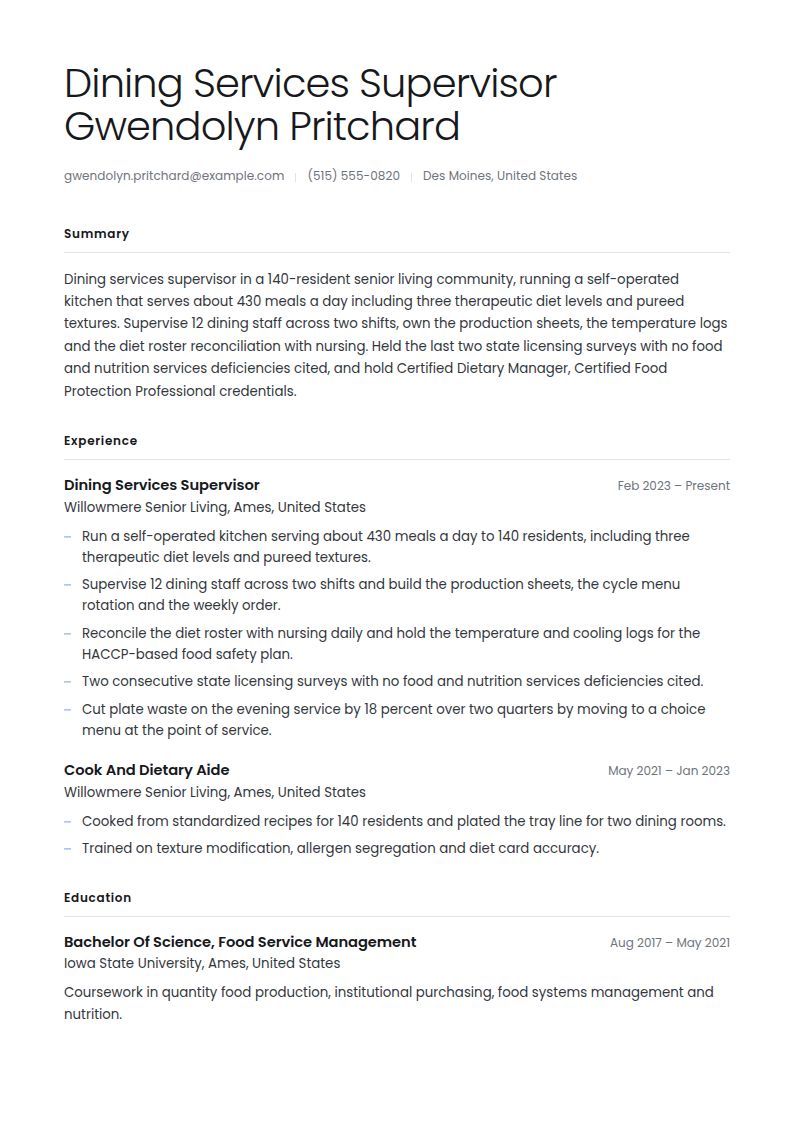 Food Services Manager Resume Examples & Templates