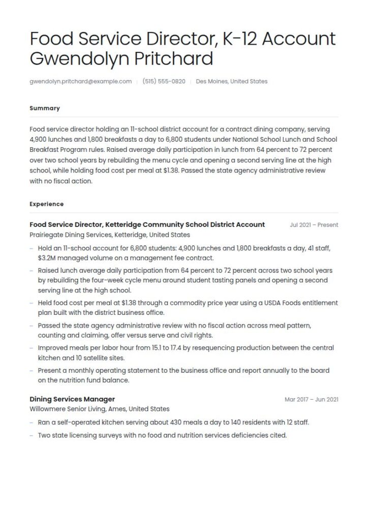 Food Services Manager Resume Examples & Templates