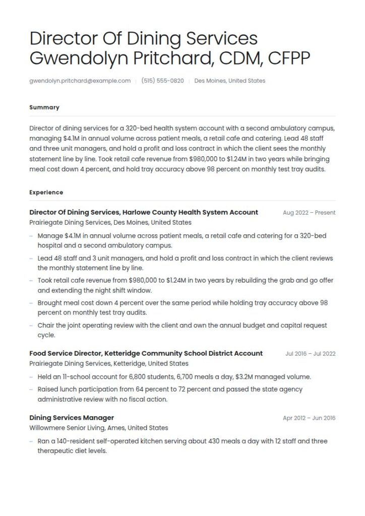 Food Services Manager Resume Examples & Templates