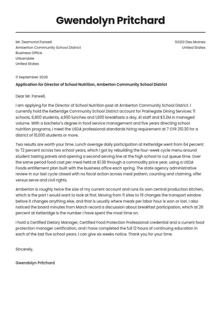 Food Services Manager Cover Letter Examples & Templates