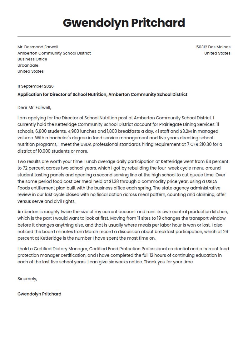 Food Services Manager Cover Letter Examples & Templates