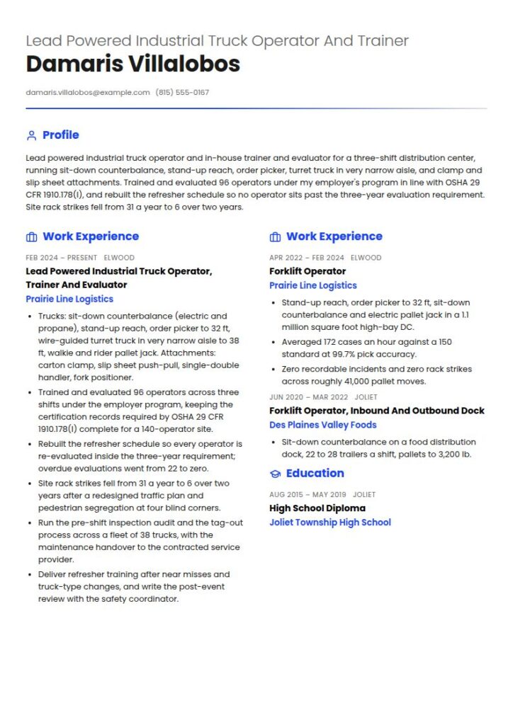 Forklift Operator Resume Examples & Templates