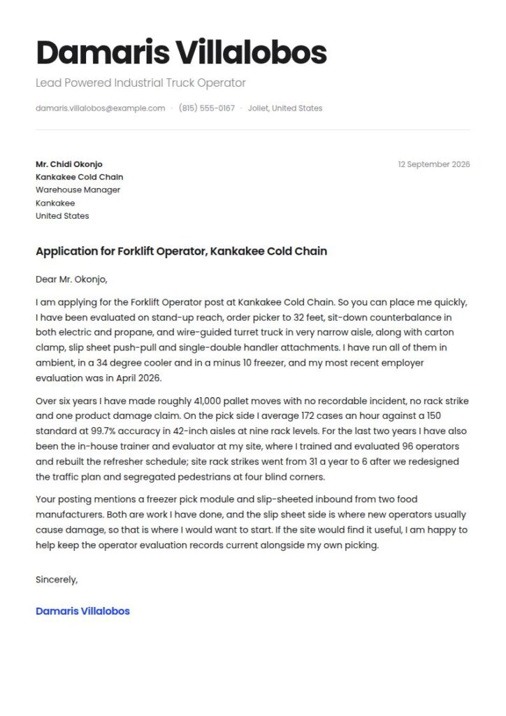 Forklift Operator Cover Letter Examples & Templates