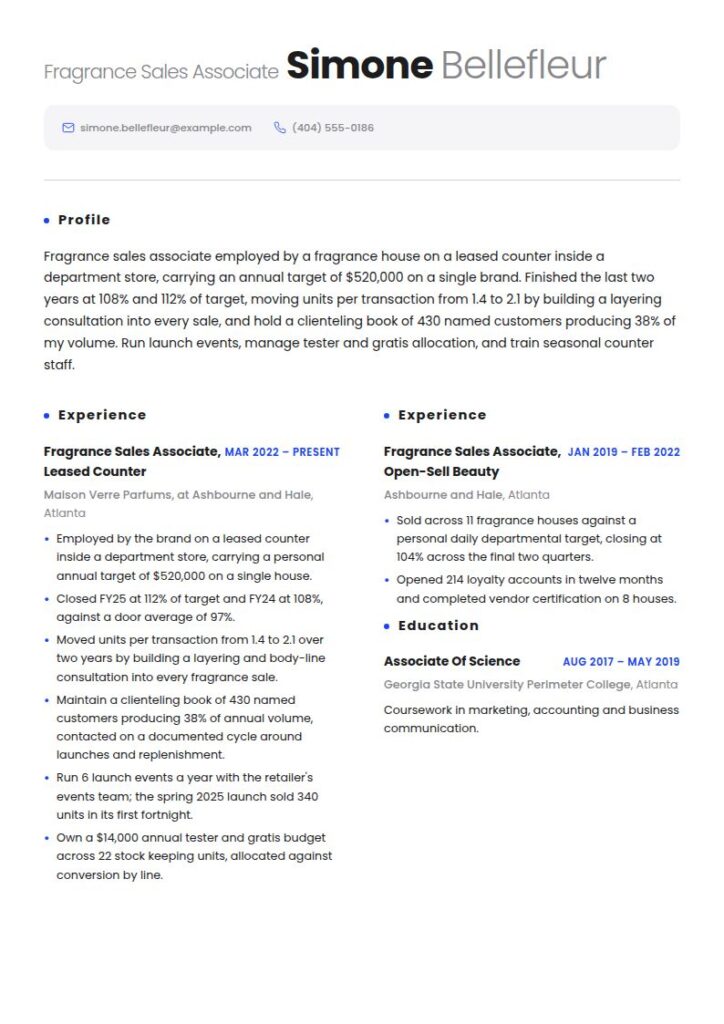 Fragrance Sales Associate Resume Examples & Templates