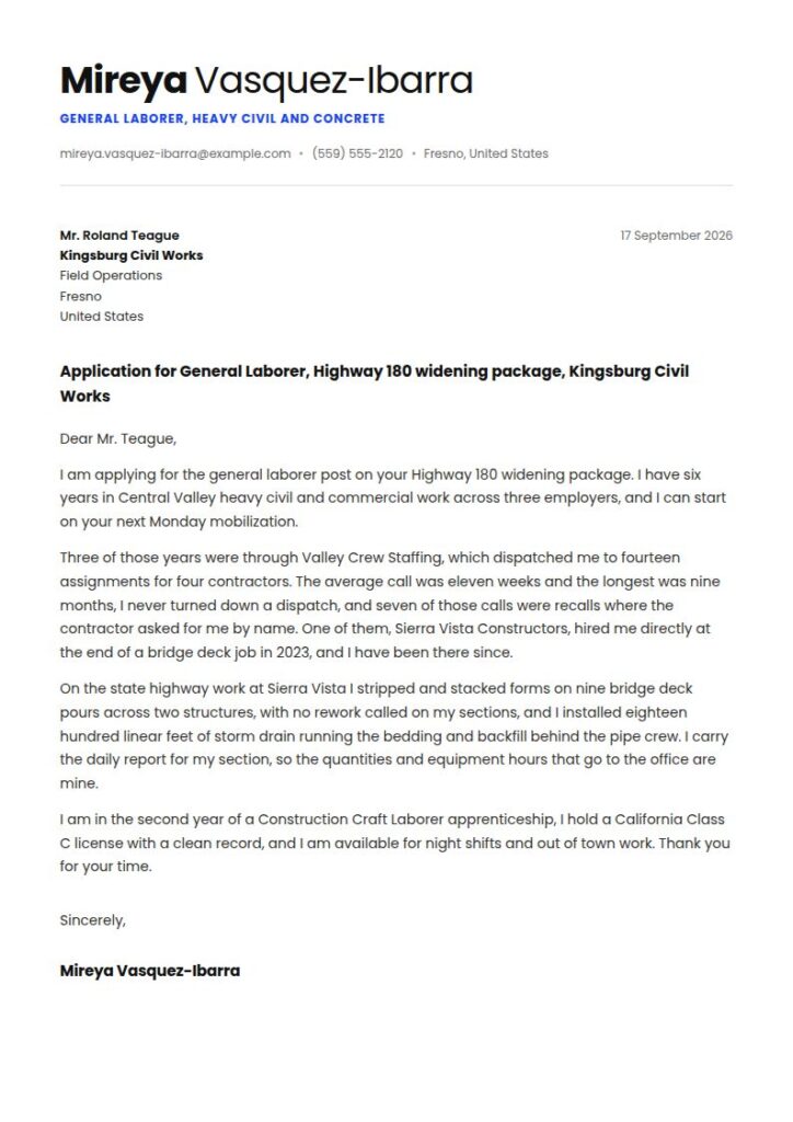 General Laborer Cover Letter Examples & Templates