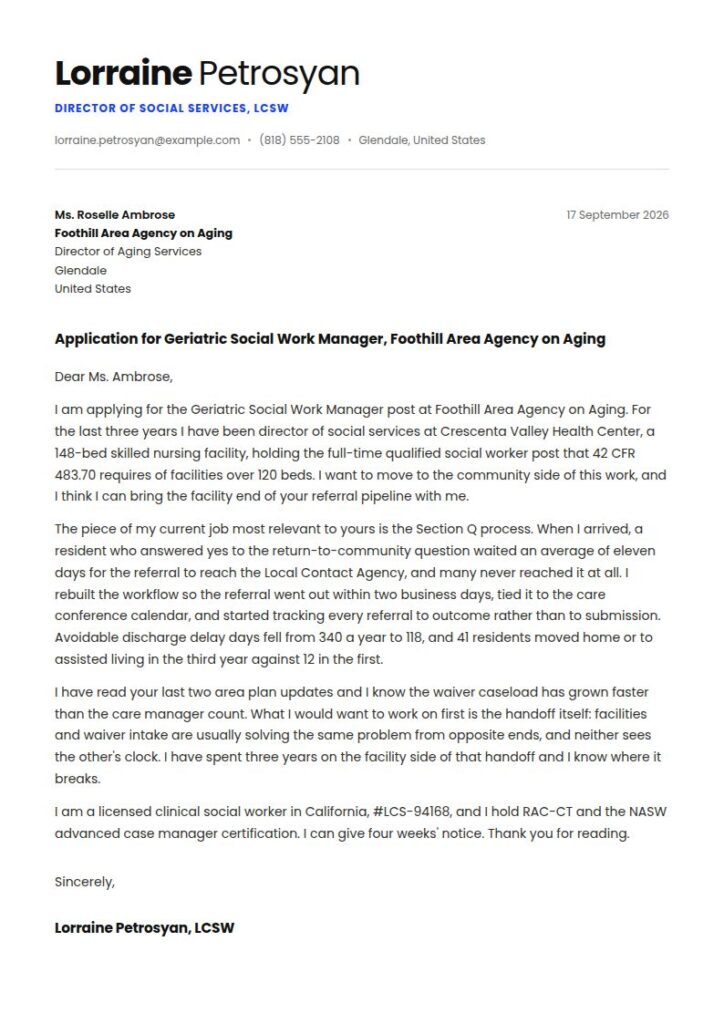 Geriatric Social Worker Cover Letter Examples & Templates