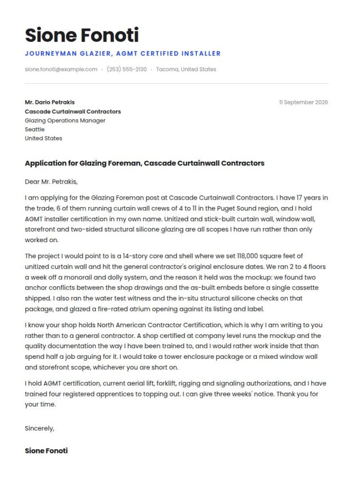 Glazier Cover Letter Examples & Templates