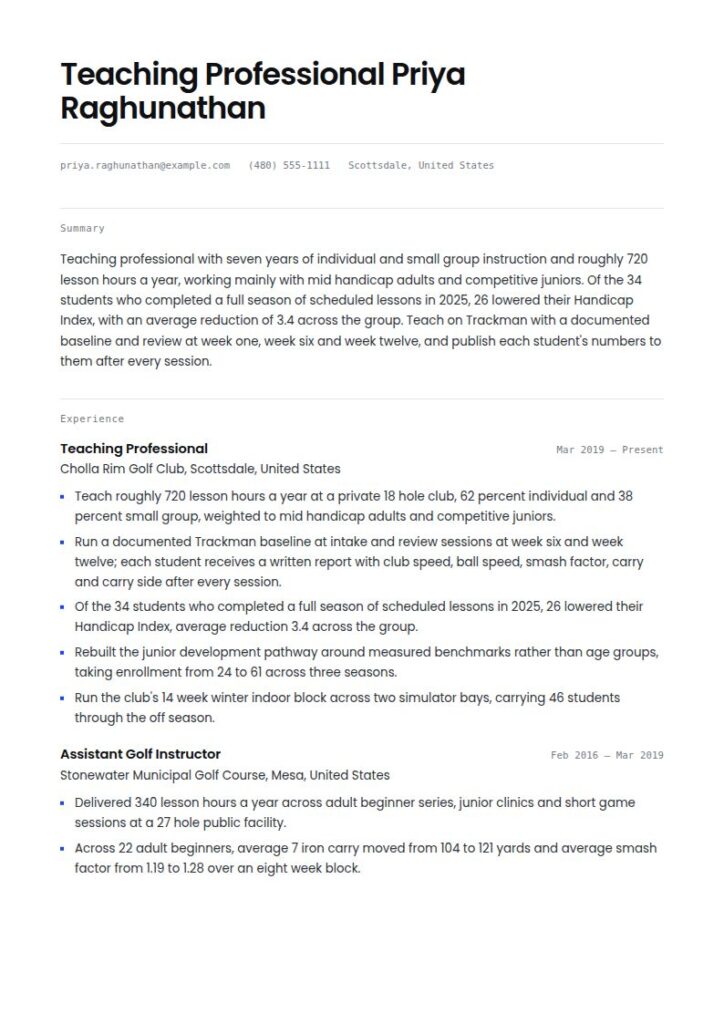 Golf Instructor Resume Examples & Templates