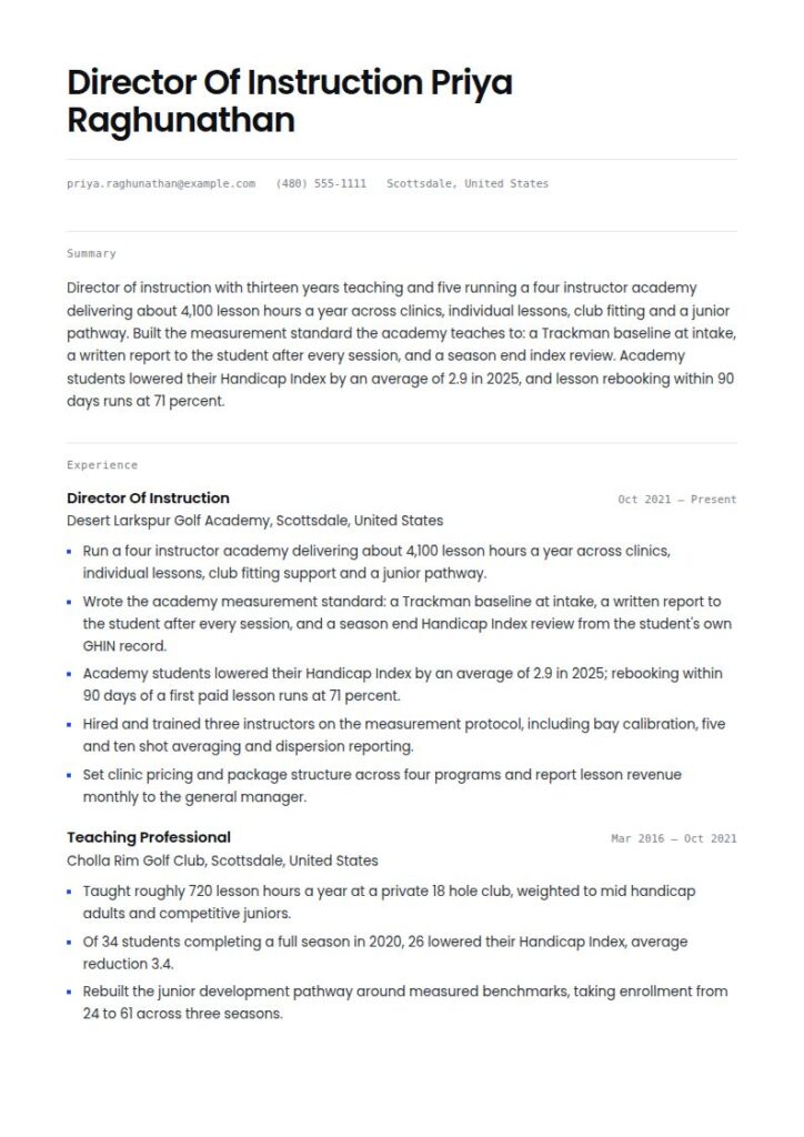 Golf Instructor Resume Examples & Templates