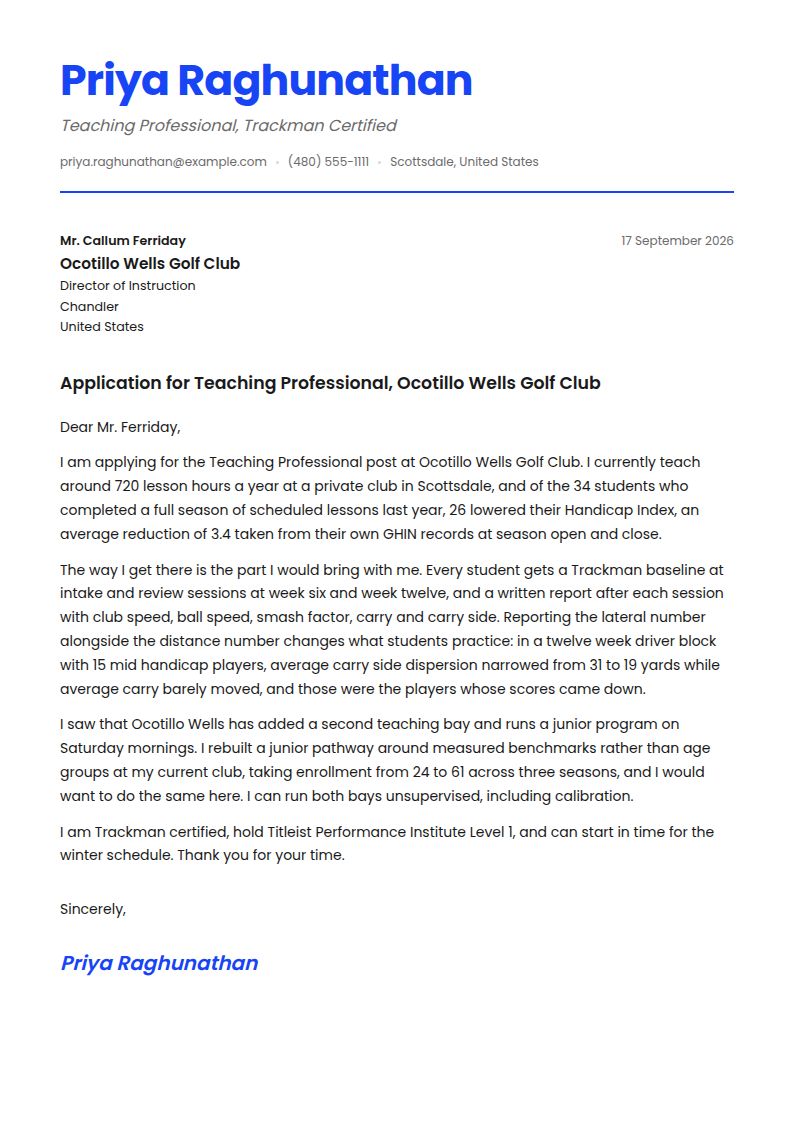 Golf Instructor Cover Letter Examples & Templates