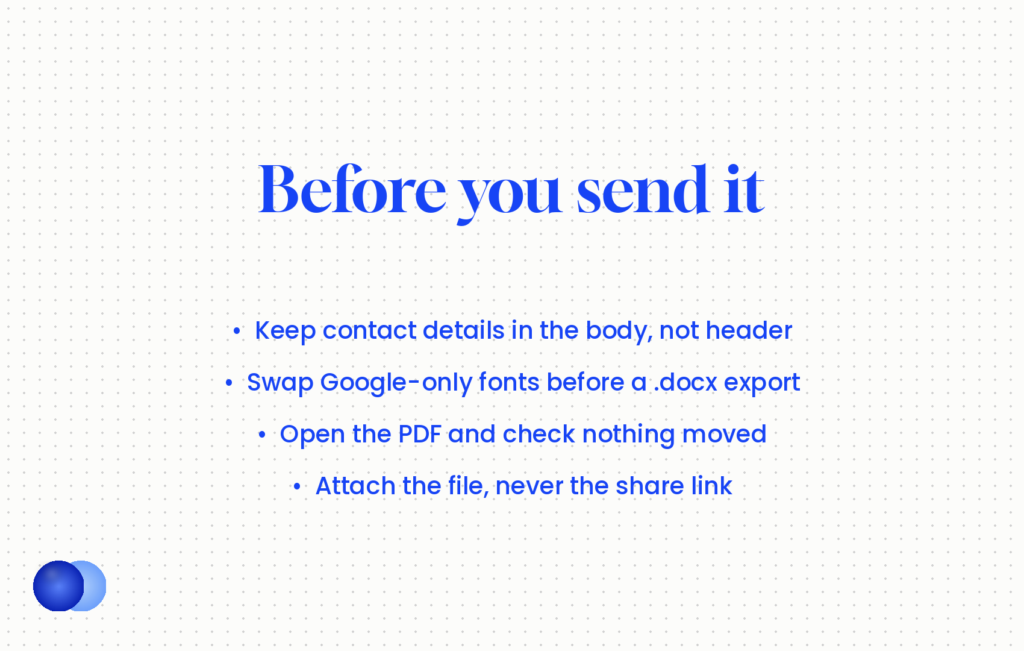 Google Docs resume template export checklist: contact details in the body, swap Google-only fonts before .docx, check the PDF, attach the file not the link