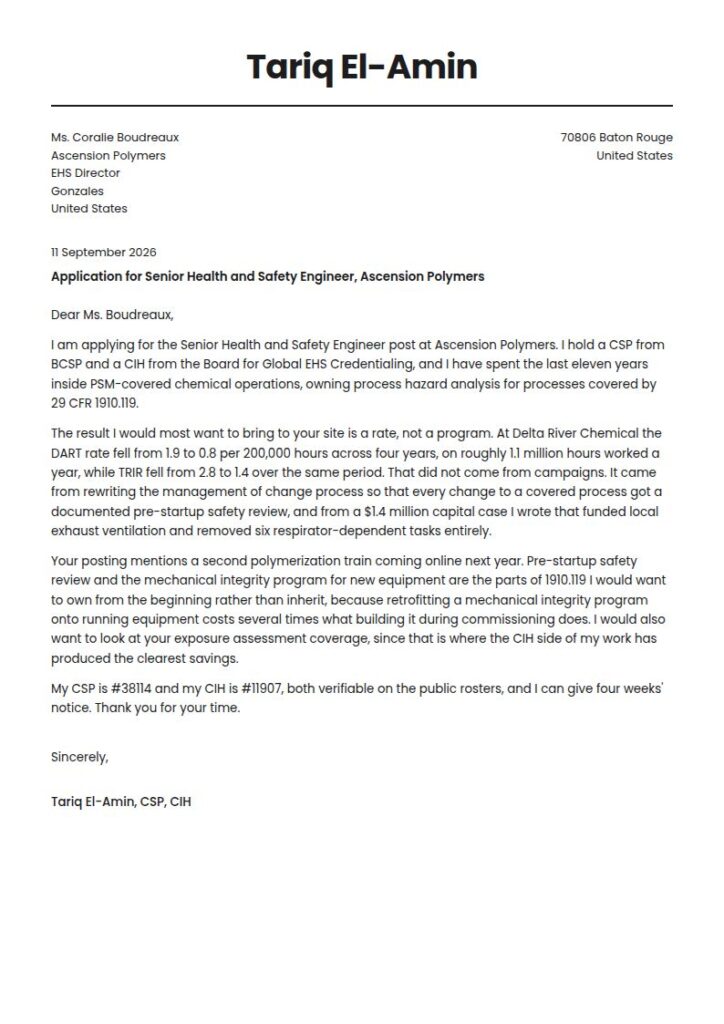 Health and Safety Engineer Cover Letter Examples & Templates