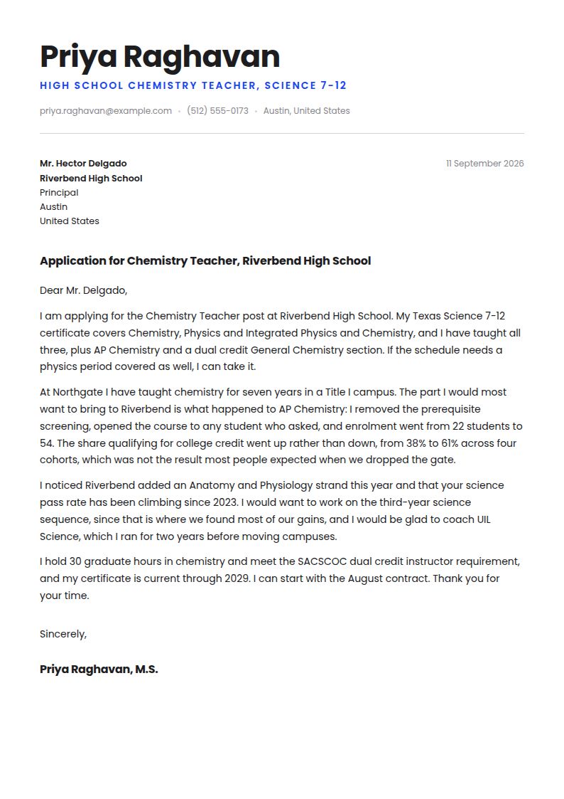 High School Teacher Cover Letter Examples & Templates