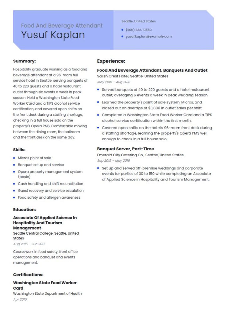 Hospitality and Catering Resume Examples & Templates