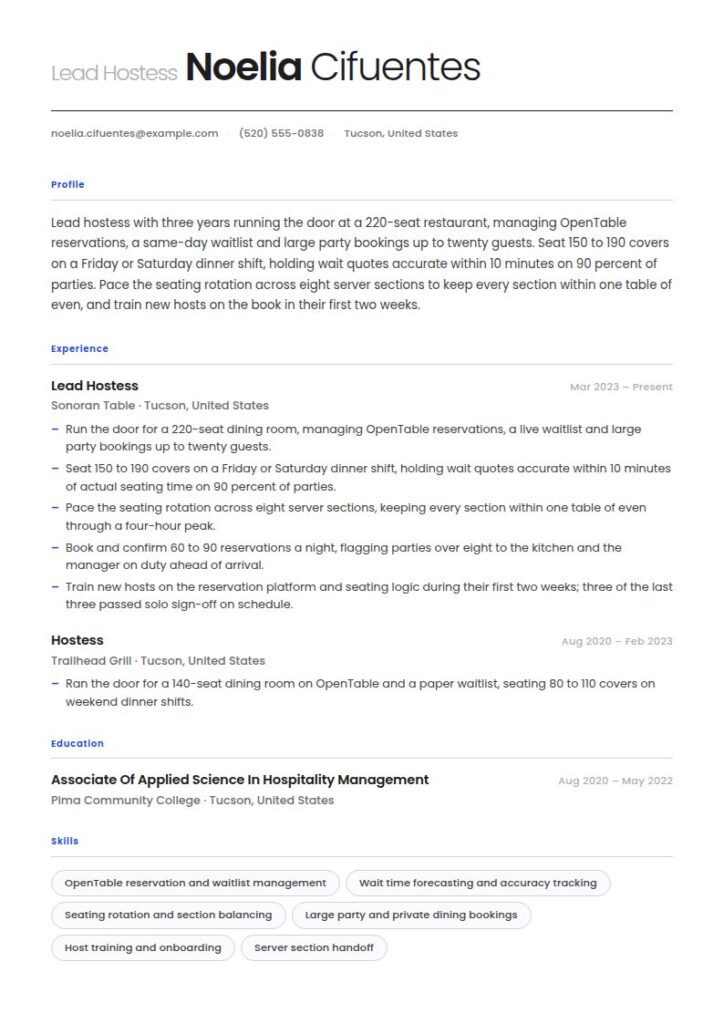 Hostess Resume Examples & Templates
