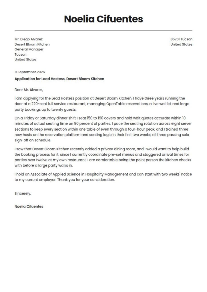 Hostess Cover Letter Examples & Templates