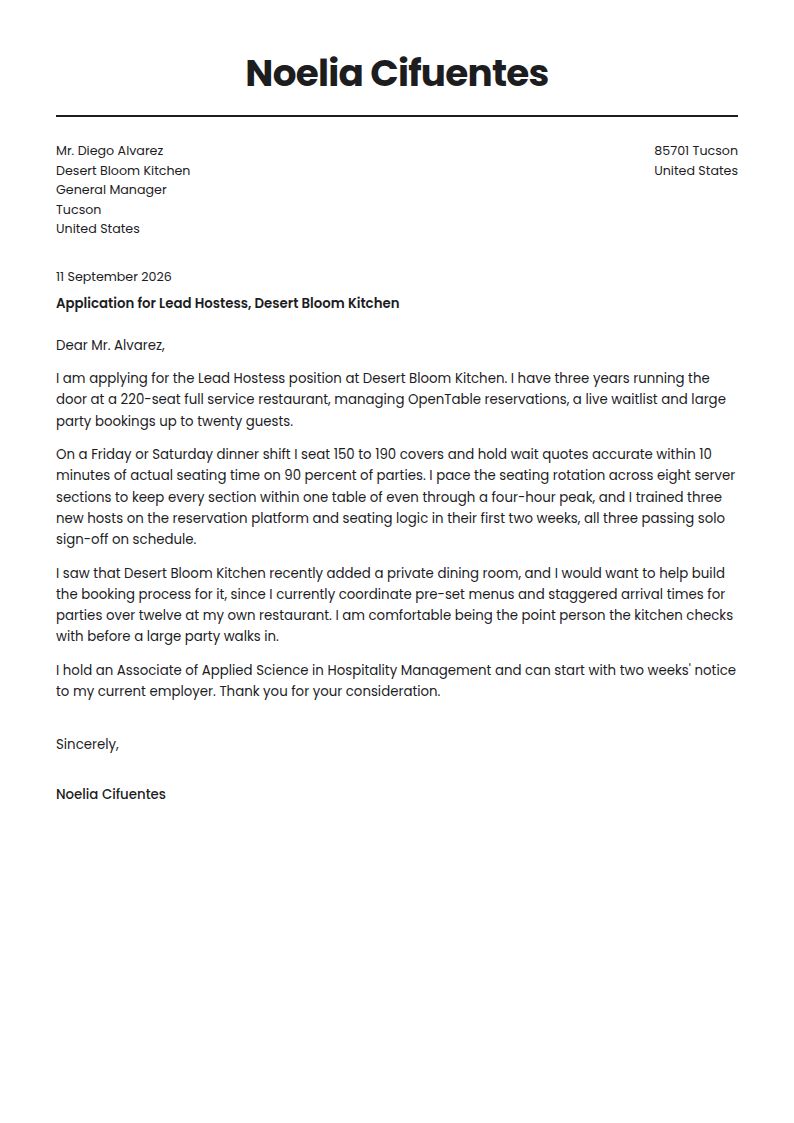 Hostess Cover Letter Examples & Templates