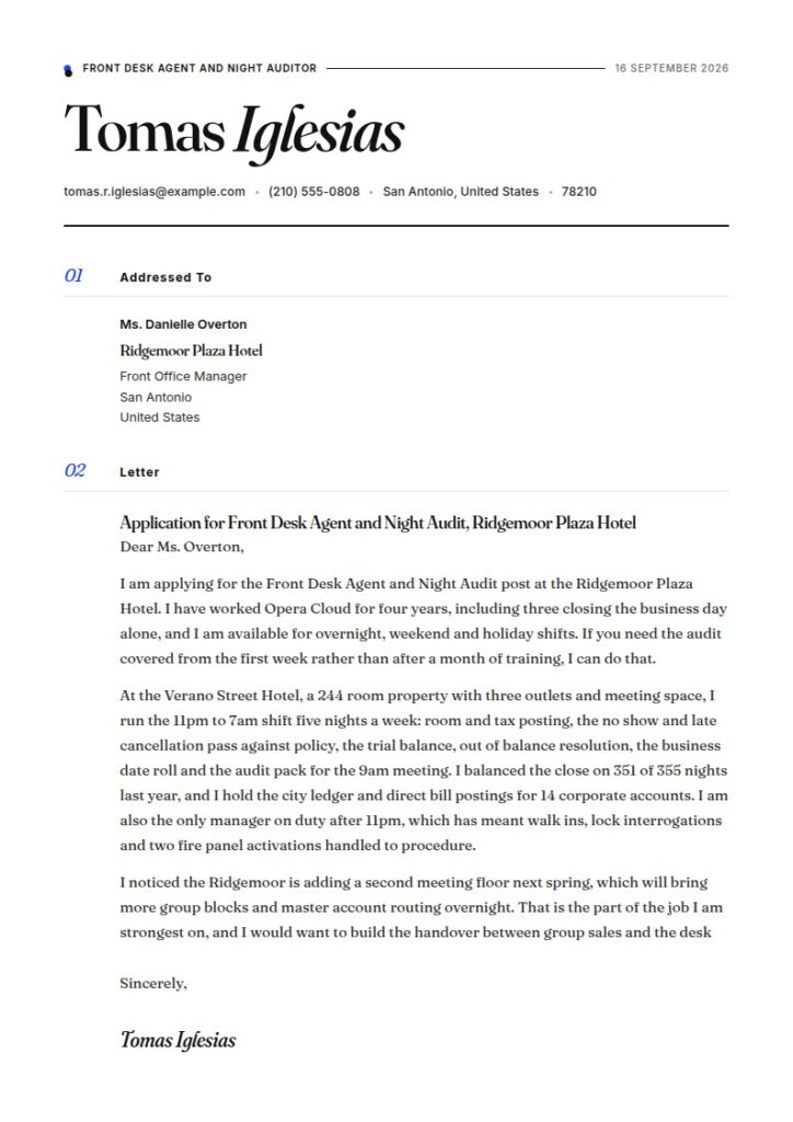 Hotel Front Desk Employee Cover Letter Examples & Templates