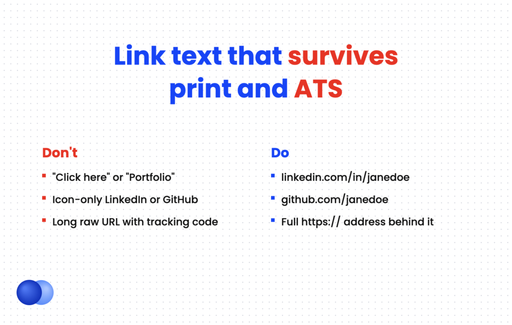 Comparison of weak and strong link text when you add a hyperlink to a resume