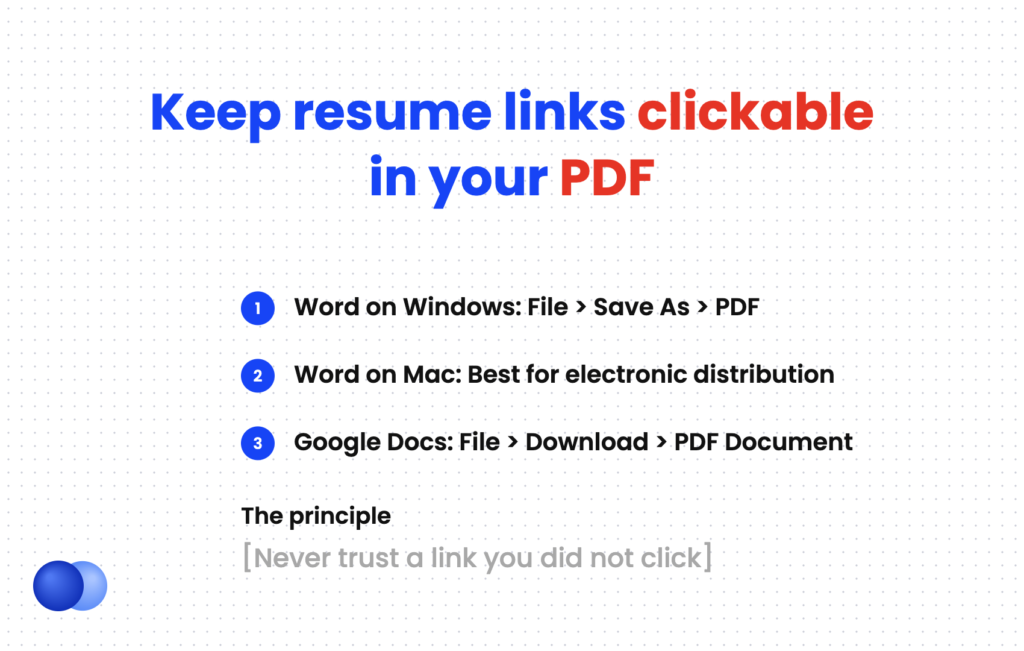 Export steps that keep a hyperlink to a resume working in a PDF