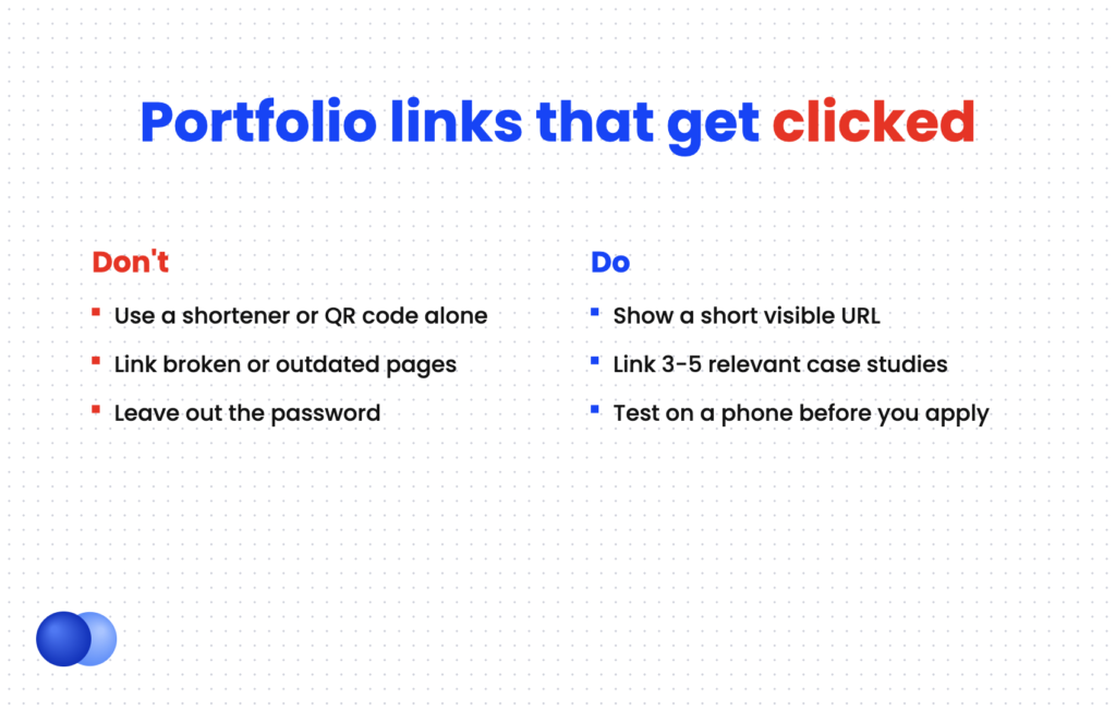 Do and don't comparison for adding a portfolio link to a resume