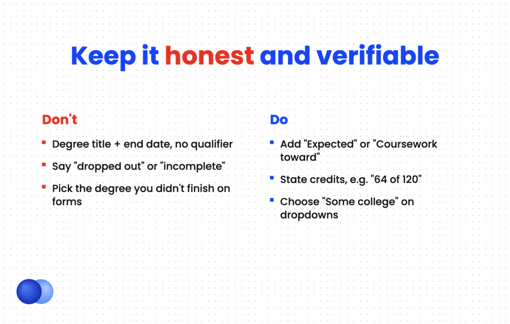 Do and don't wording for how to list an unfinished degree on resume so it passes verification