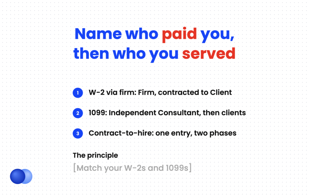 Rule for naming the employer and client when listing contract work on a resume