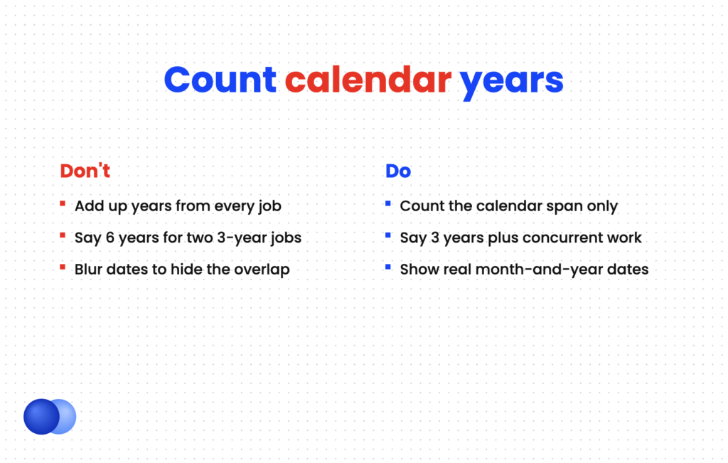 How to state total experience with overlapping jobs without double counting years