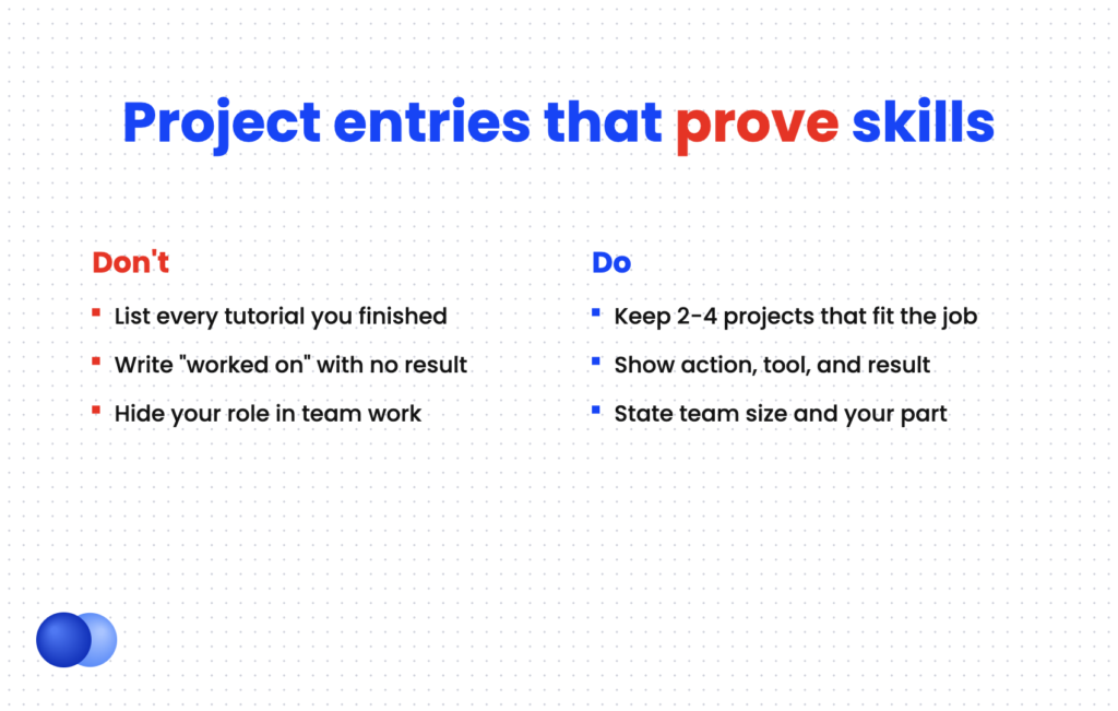 Do and don't comparison for writing projects on a resume