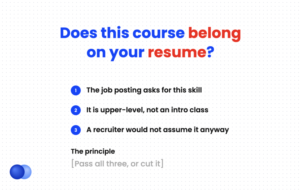 Three-question test for choosing relevant coursework to list on a resume