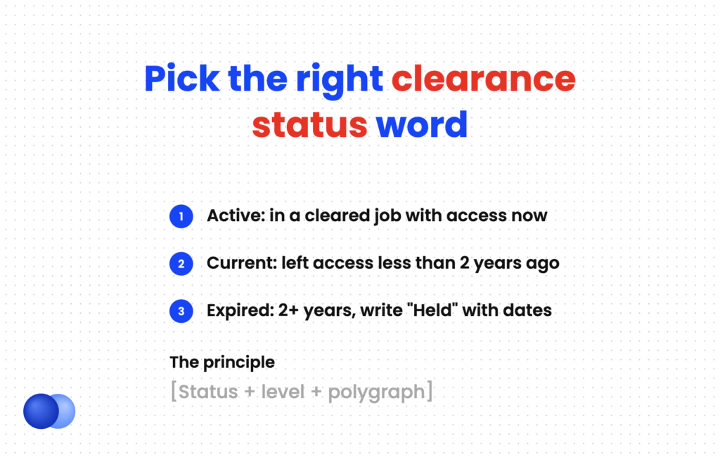 Active, current, and expired security clearance status wording for a resume
