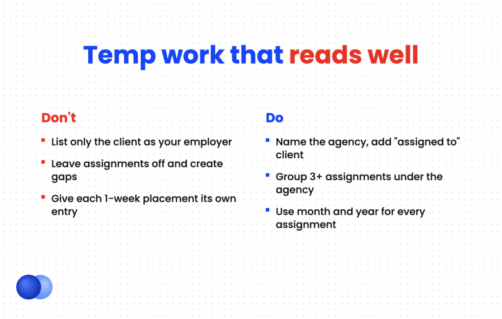 Do and don't comparison for presenting temp agency work on a resume