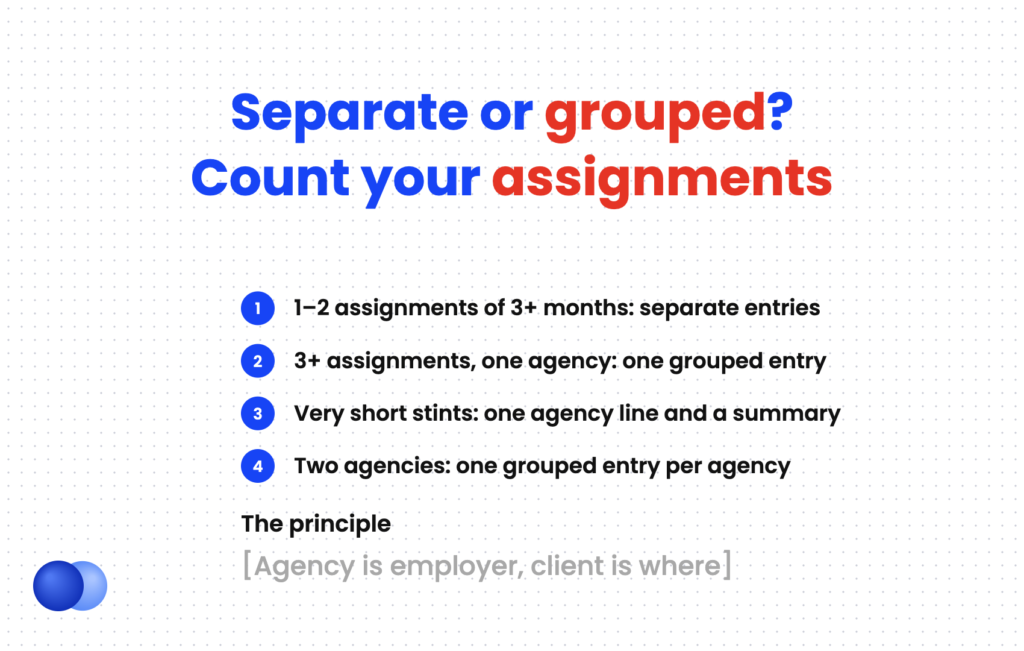 Decision rule for listing temp agency work on a resume as separate or grouped entries