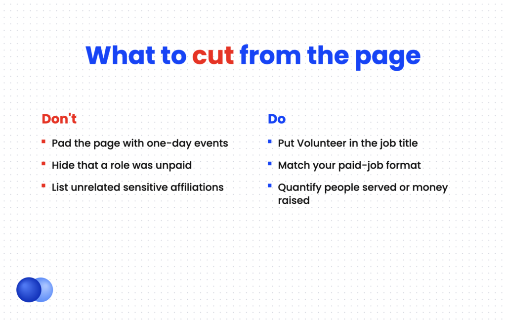 Do and don't comparison for what volunteer work to keep or leave off a resume