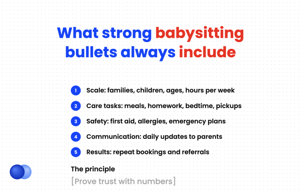 Checklist of what to include in babysitting bullet points when listing babysitting on a resume