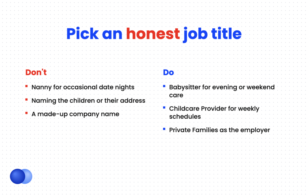 Do and don't comparison for choosing a job title for babysitting on a resume