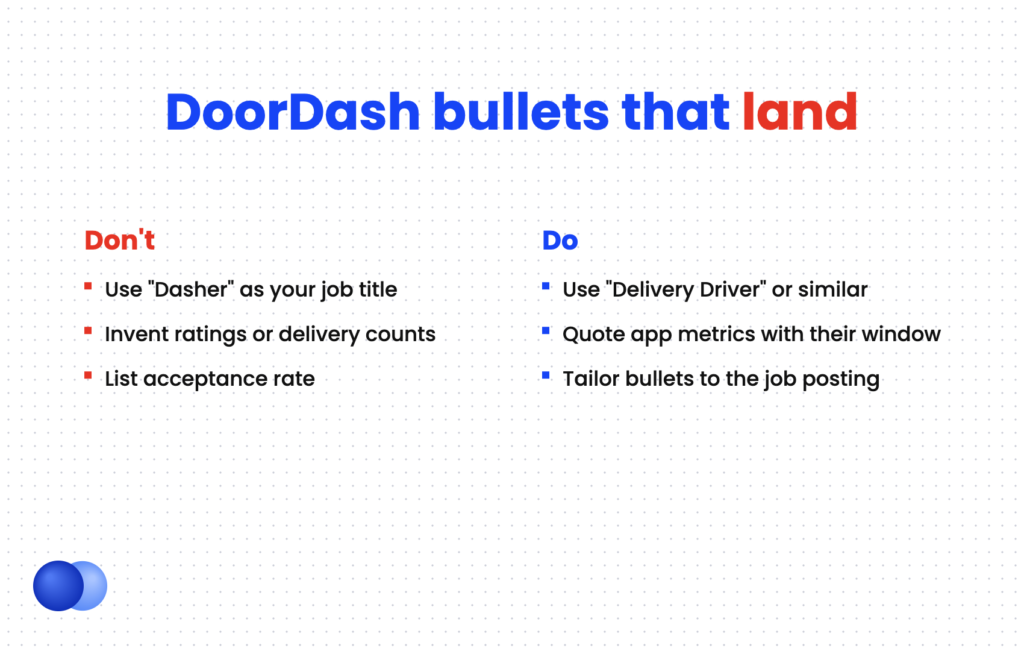 Do and don't comparison for writing DoorDash on your resume