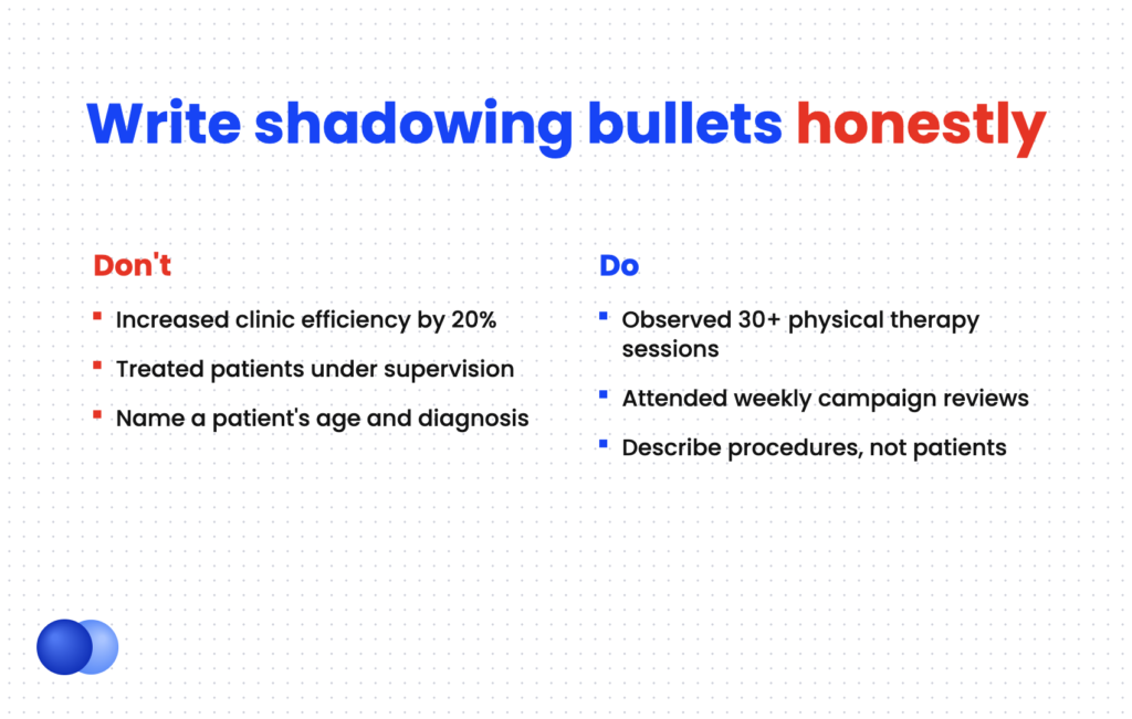 Do and don't examples of honest bullets for shadowing on a resume