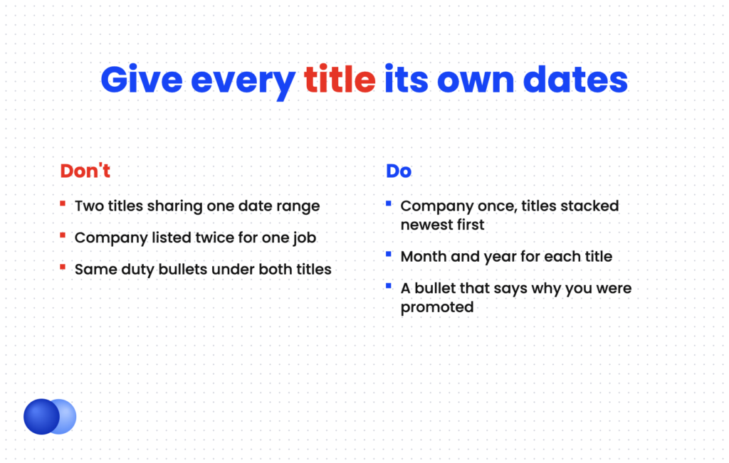 Do and don't comparison showing how to show a promotion on resume with separate dates for each title