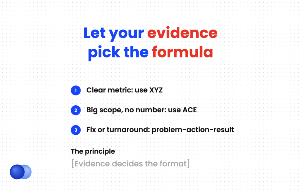 Decision guide for choosing a formula for resume bullet points: XYZ, ACE or problem-action-result