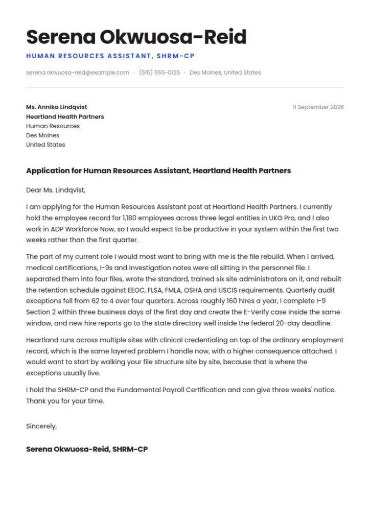 Human Resources Assistant Cover Letter Examples & Templates