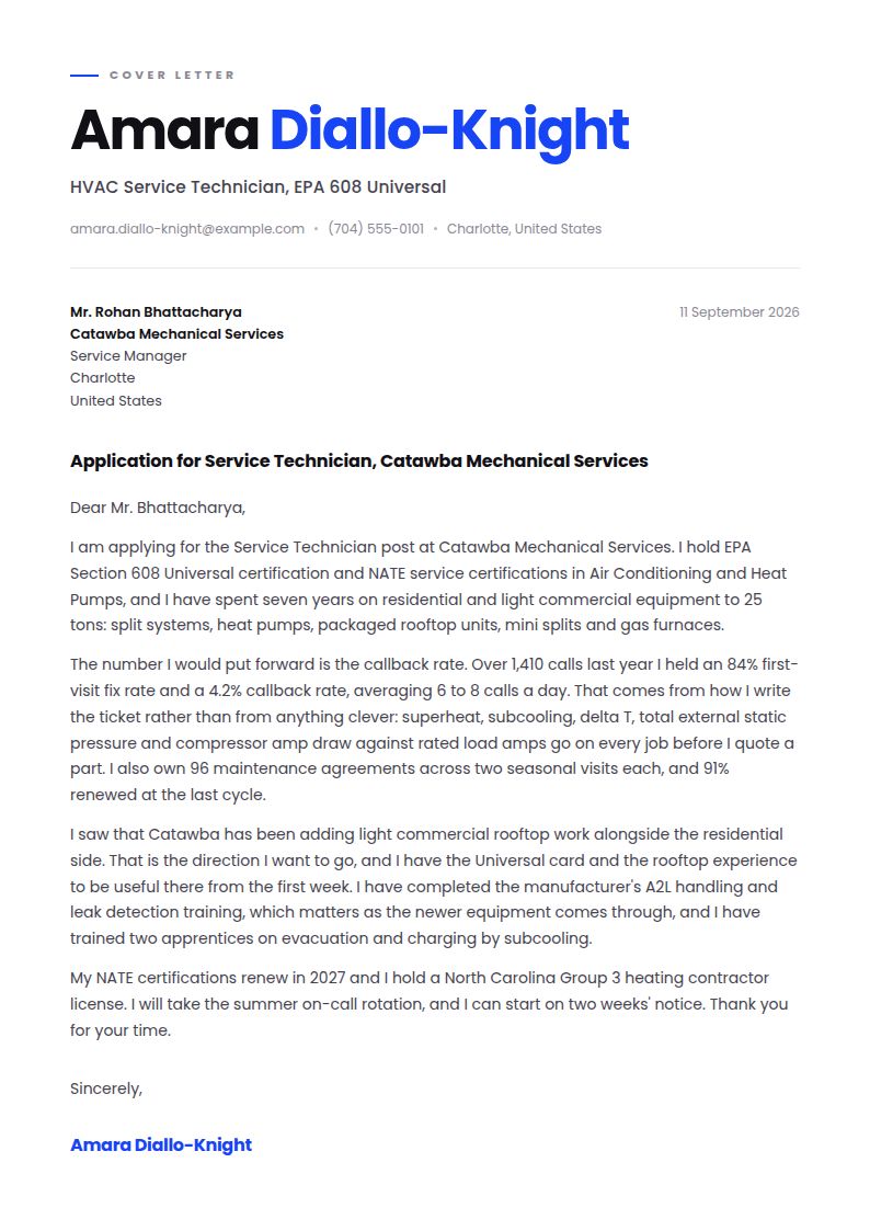 HVAC Technician Cover Letter Examples & Templates