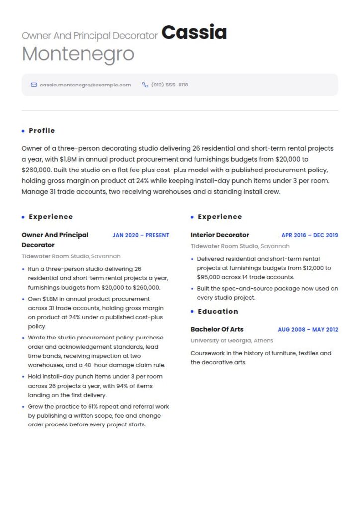 Interior Decorator Resume Examples & Templates