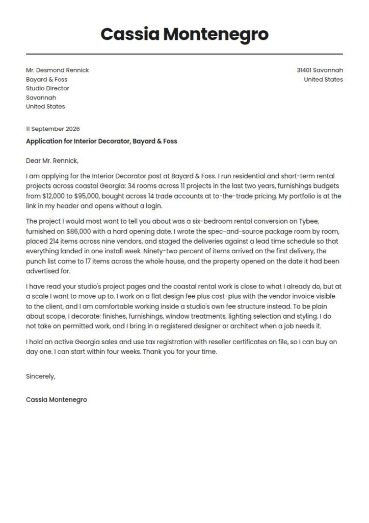 Interior Decorator Cover Letter Examples & Templates