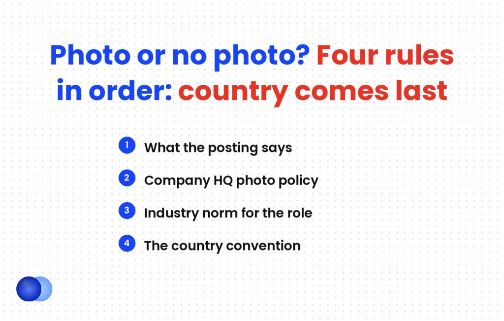 International resume format photo decision in four rules, in order: what the posting says, company HQ photo policy, industry norm for the role, then the country convention