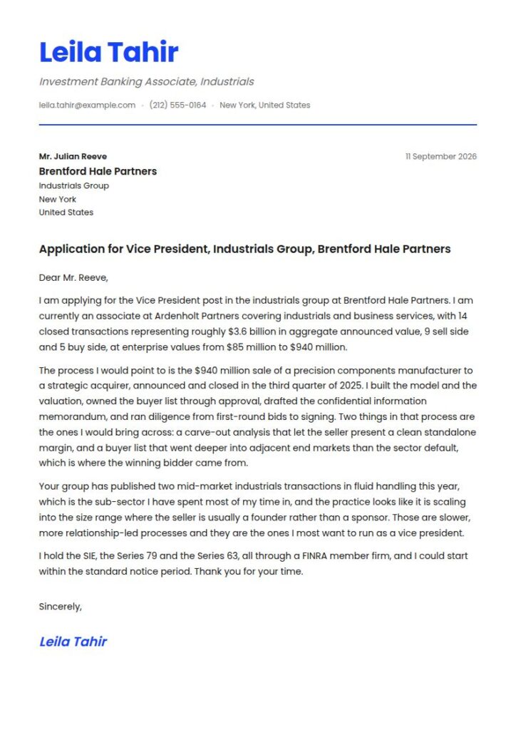 Investment Banker Cover Letter Examples & Templates