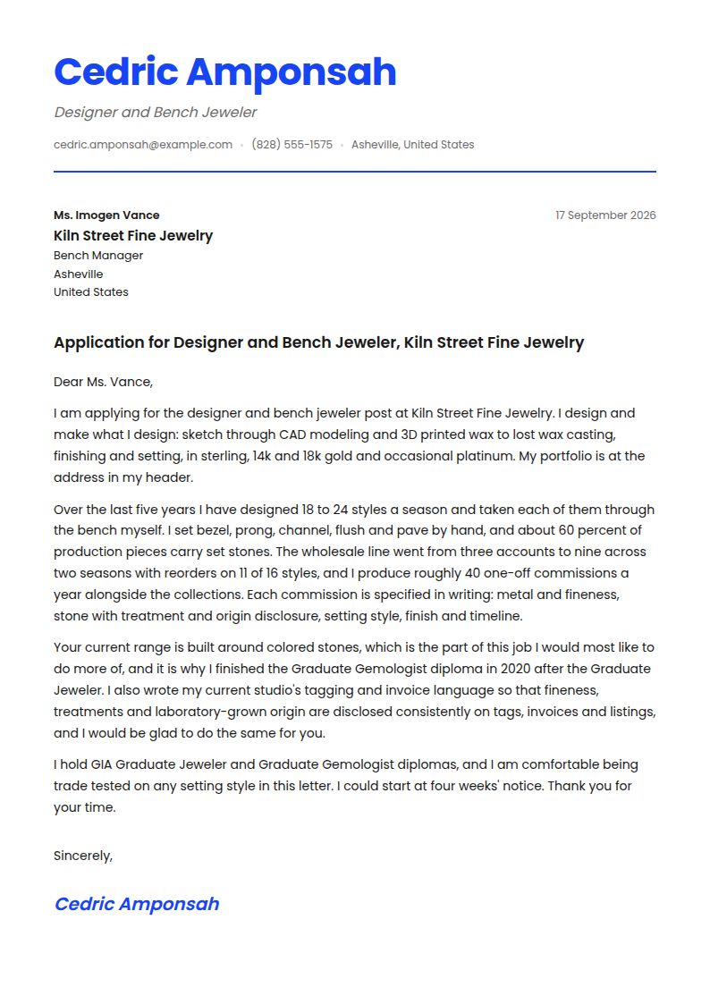 Jewelry Designer Cover Letter Examples & Templates