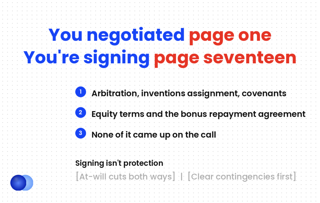 A job offer letter is a stack of contracts — you negotiated page one and sign page seventeen