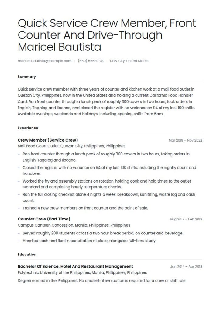 Jollibee Resume Examples & Templates