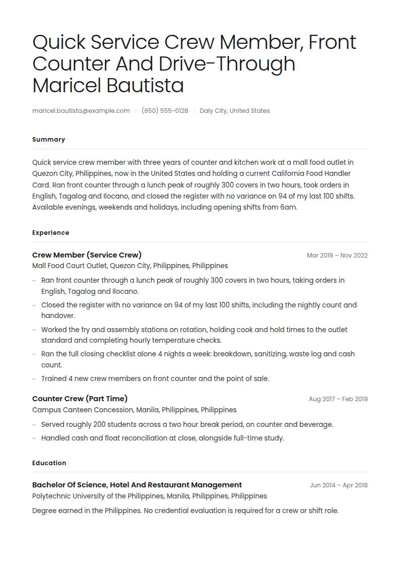 Jollibee Resume Examples & Templates